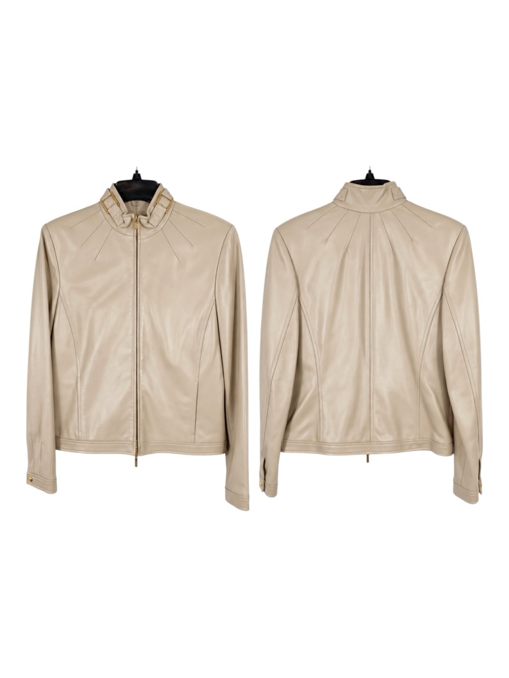 St John Sport Beige Leather Zip-Front Jacket Sz Sm EUC